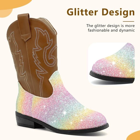 xinlanlin Kids Sequins Rainbow Brown Embroidered Square Toe Glitter Western Boot - Picture 3 of 6